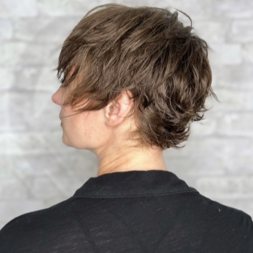 Textured brunette pixie with longer top and tapered nape, back view